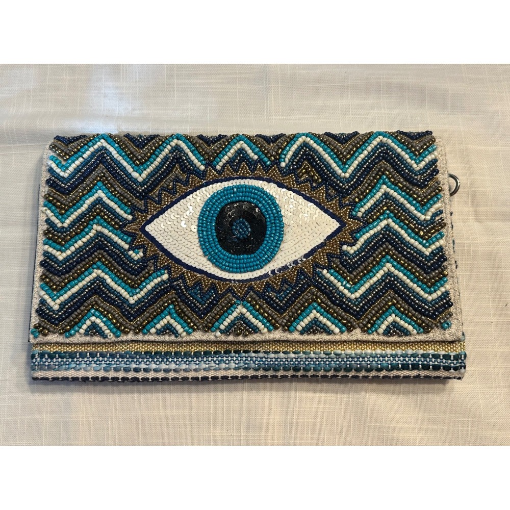 America & Beyond Evil Eye Beaded Clutch Bag Blue Gold Chevron Crossbody NWOT